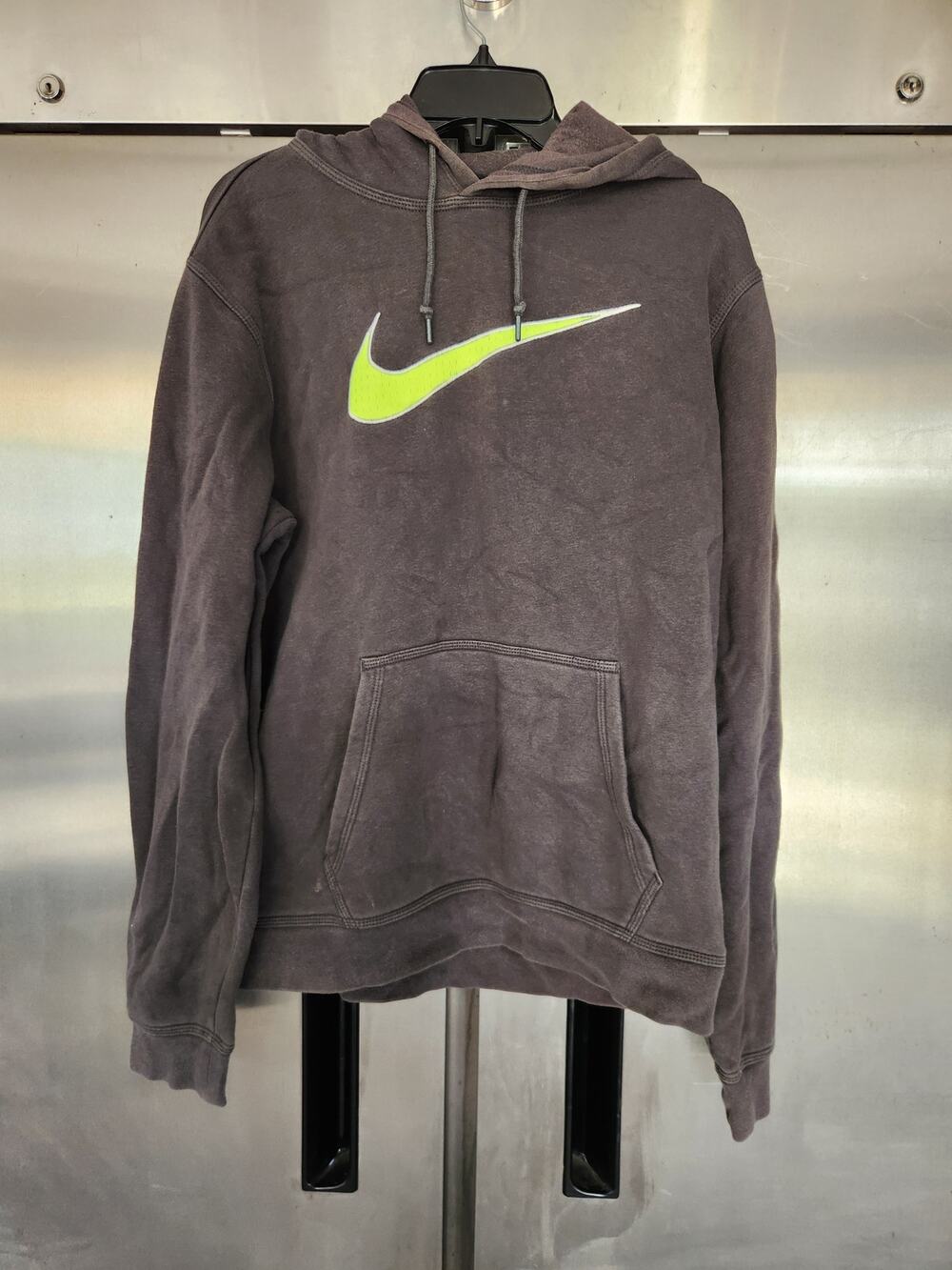 Nike Pullover Hoodie Sweatshirt Gray Neon Volt Swoosh Logo Kangaroo Pocket Faded